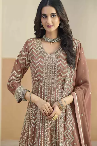 Rust brown faux georgette heavy thread embroidery with sequins work salwar kameez