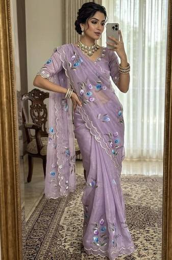 Lavender Color  elegant flower handprint & brush print Work Silk Saree