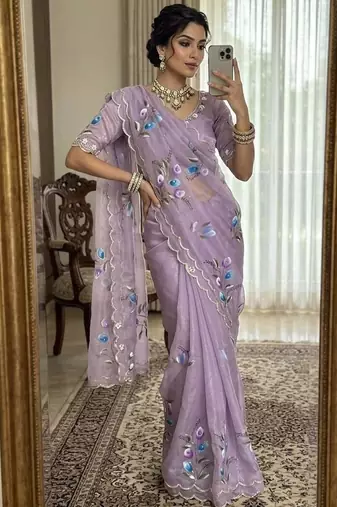 Lavender Color  elegant flower handprint & brush print Work Silk Saree
