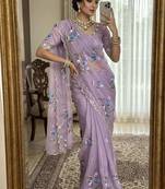 Lavender Color  elegant flower handprint & brush print Work Silk Saree