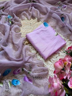 Lavender Color  elegant flower handprint & brush print Work Silk Saree 2