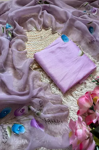 Lavender Color  elegant flower handprint & brush print Work Silk Saree