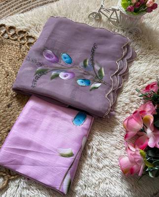 Lavender Color  elegant flower handprint & brush print Work Silk Saree 3