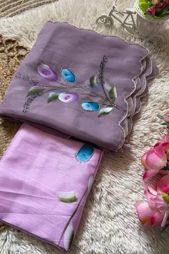 Lavender Color  elegant flower handprint & brush print Work Silk Saree