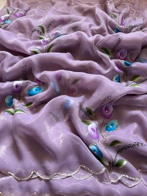 Lavender Color  elegant flower handprint & brush print Work Silk Saree 4