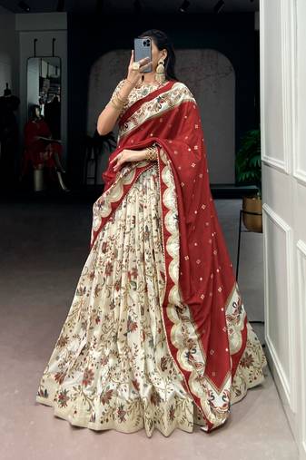 Cream Foil Printed Tasar Silk Lehenga Choli with Dupatta