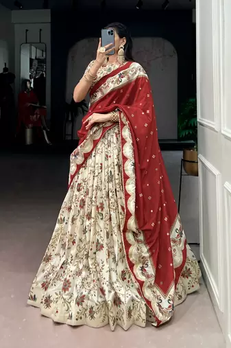 Cream Foil Printed Tasar Silk Lehenga Choli with Dupatta