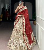 Cream Foil Printed Tasar Silk Lehenga Choli with Dupatta