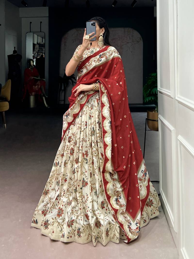 Cream Foil Printed Tasar Silk Lehenga Choli with Dupatta