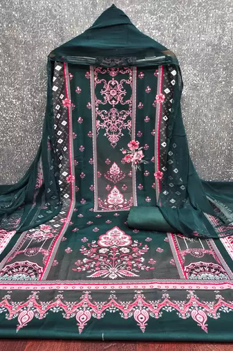 Elegant green baroque floral printed unstitched salwar suit with dupatta
