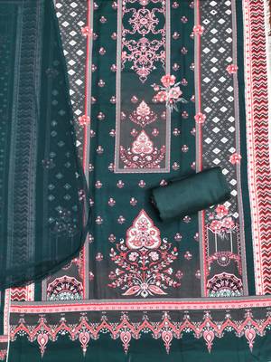 Elegant green baroque floral printed unstitched salwar suit with dupatta 3