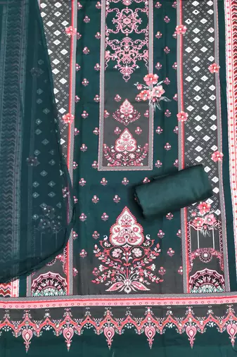 Elegant green baroque floral printed unstitched salwar suit with dupatta