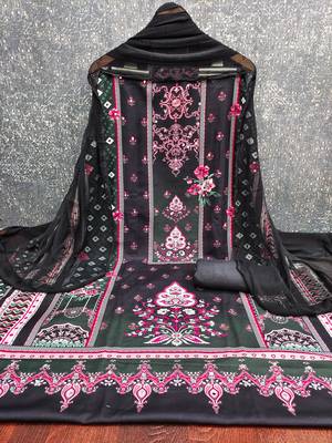 Elegant dark grey baroque floral printed unstitched salwar suit with dupatta 2