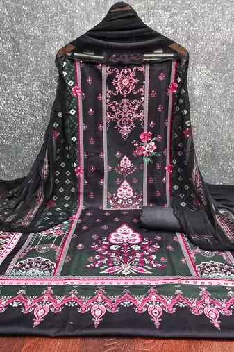 Elegant dark grey baroque floral printed unstitched salwar suit with dupatta