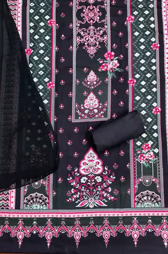 Elegant dark grey baroque floral printed unstitched salwar suit with dupatta