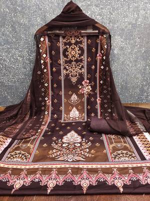 Elegant brown baroque floral printed unstitched salwar suit with dupatta 2