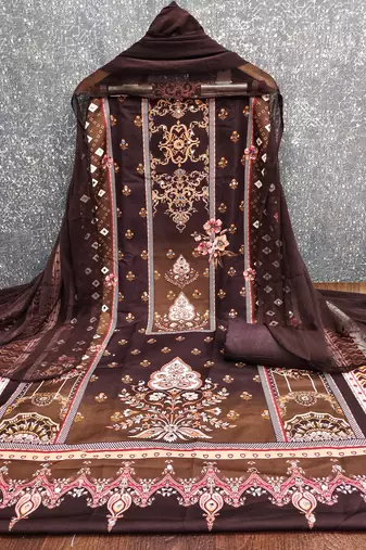 Elegant brown baroque floral printed unstitched salwar suit with dupatta