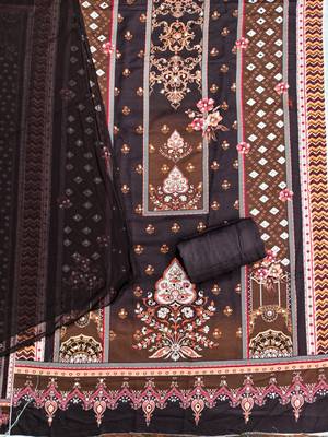 Elegant brown baroque floral printed unstitched salwar suit with dupatta 3