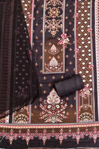 Elegant brown baroque floral printed unstitched salwar suit with dupatta
