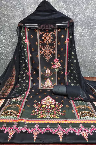 Elegant black baroque floral printed unstitched salwar suit with dupatta