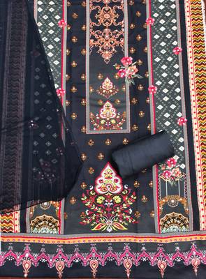 Elegant black baroque floral printed unstitched salwar suit with dupatta 3