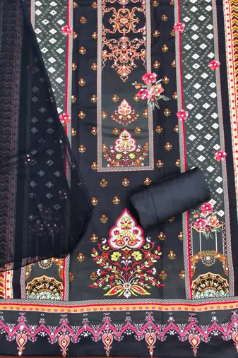 Elegant black baroque floral printed unstitched salwar suit with dupatta