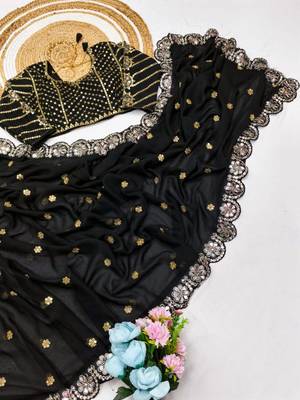Black Color Embroidery Front & Back With sleeves With Heavy Original Mirror Georgette Saree 1