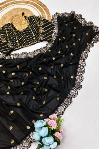 Black Color Embroidery Front & Back With sleeves With Heavy Original Mirror Georgette Saree