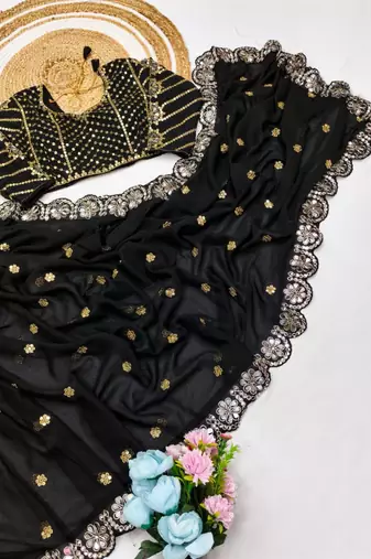 Black Color Embroidery Front & Back With sleeves With Heavy Original Mirror Georgette Saree