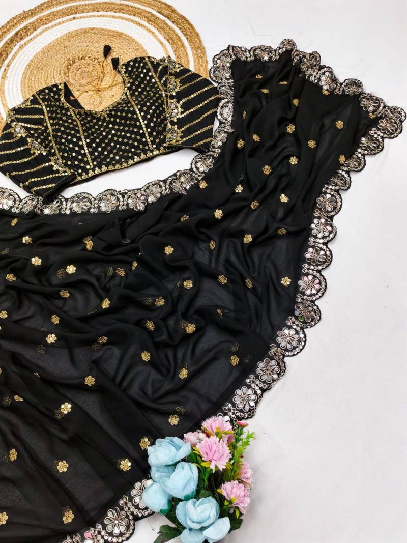 Black Color Embroidery Front & Back With sleeves With Heavy Original Mirror Georgette Saree