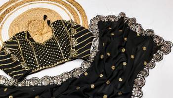 Black Color Embroidery Front & Back With sleeves With Heavy Original Mirror Georgette Saree 2