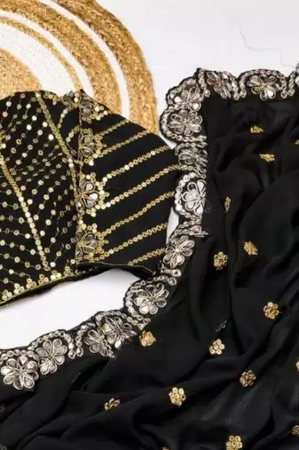 Black Color Embroidery Front & Back With sleeves With Heavy Original Mirror Georgette Saree