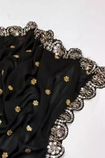 Black Color Embroidery Front & Back With sleeves With Heavy Original Mirror Georgette Saree