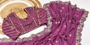 Lavender Color Embroidery Front & Back With sleeves With Heavy Original Mirror Georgette Saree 1