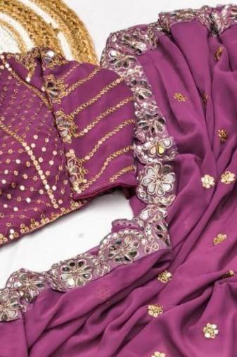 Lavender Color Embroidery Front & Back With sleeves With Heavy Original Mirror Georgette Saree