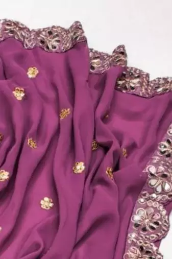 Lavender Color Embroidery Front & Back With sleeves With Heavy Original Mirror Georgette Saree