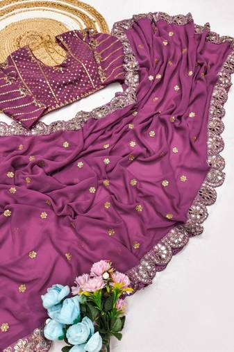 Lavender Color Embroidery Front & Back With sleeves With Heavy Original Mirror Georgette Saree