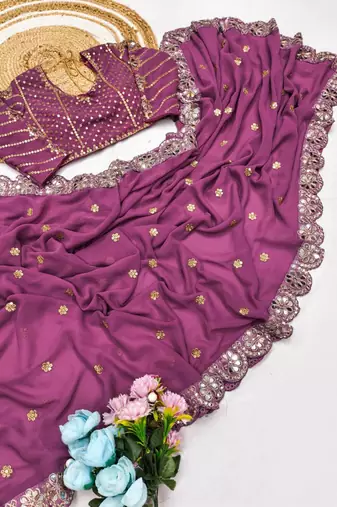 Lavender Color Embroidery Front & Back With sleeves With Heavy Original Mirror Georgette Saree
