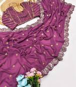 Lavender Color Embroidery Front & Back With sleeves With Heavy Original Mirror Georgette Saree