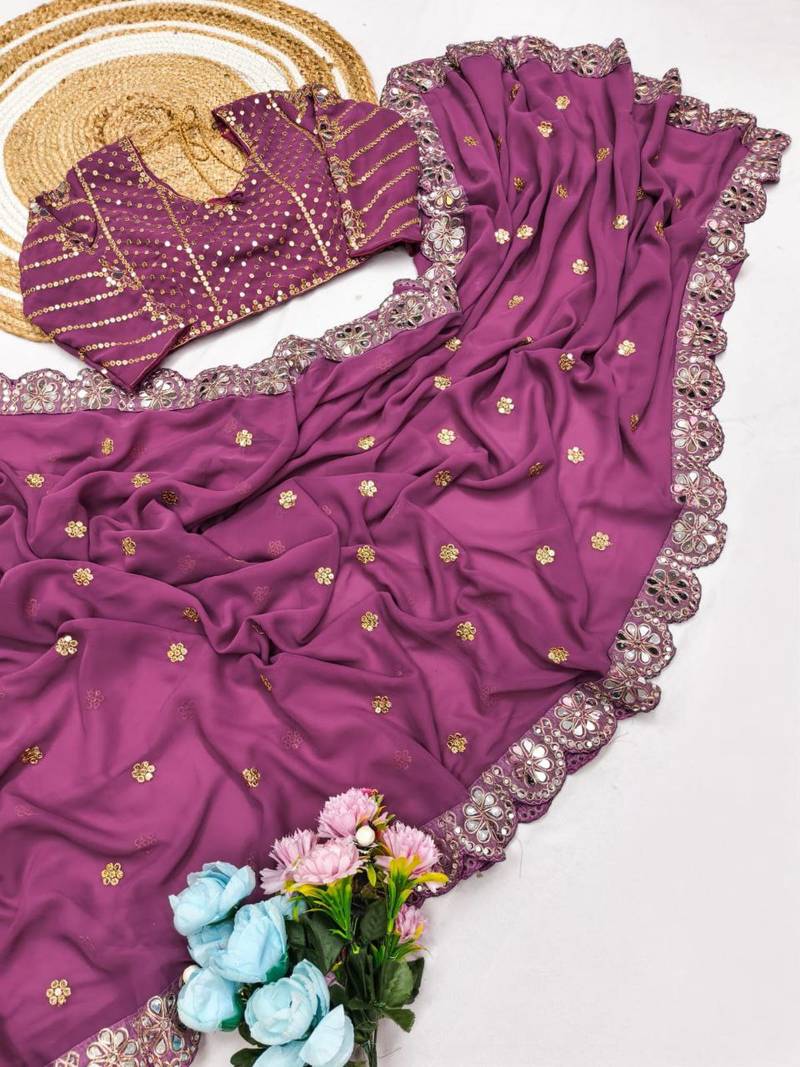 Lavender Color Embroidery Front & Back With sleeves With Heavy Original Mirror Georgette Saree