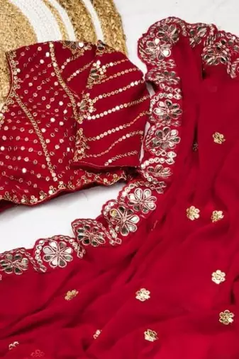 Red Color Embroidery Front & Back With sleeves With Heavy Original Mirror Georgette Saree