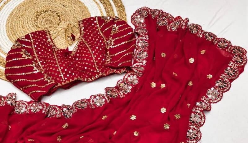 Red Color Embroidery Front & Back With sleeves With Heavy Original Mirror Georgette Saree