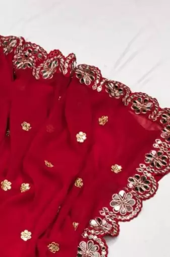 Red Color Embroidery Front & Back With sleeves With Heavy Original Mirror Georgette Saree