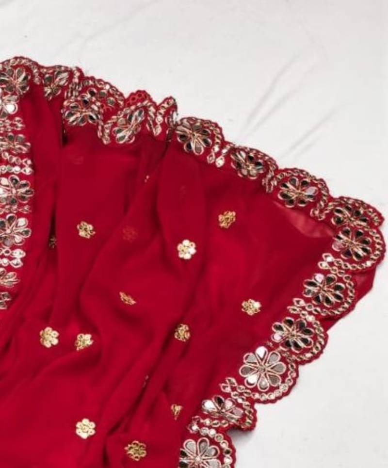 Red Color Embroidery Front & Back With sleeves With Heavy Original Mirror Georgette Saree