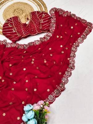Red Color Embroidery Front & Back With sleeves With Heavy Original Mirror Georgette Saree 1