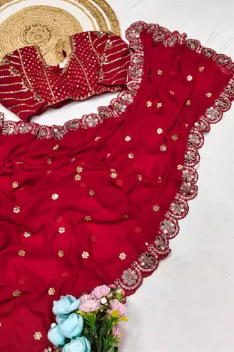 Red Color Embroidery Front & Back With sleeves With Heavy Original Mirror Georgette Saree