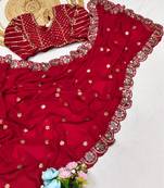 Red Color Embroidery Front & Back With sleeves With Heavy Original Mirror Georgette Saree