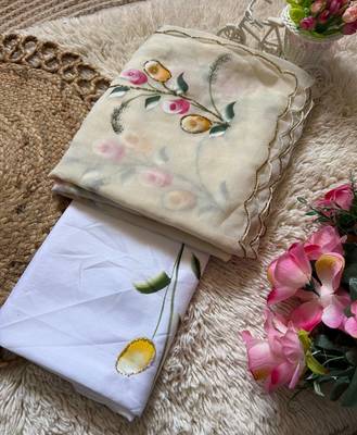 Off White  Color  elegant flower handprint & brush print Work Silk Saree 1