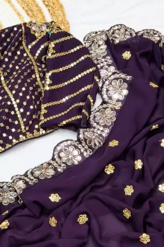 Wine Color Embroidery Front & Back With sleeves With Heavy Original Mirror Georgette Saree