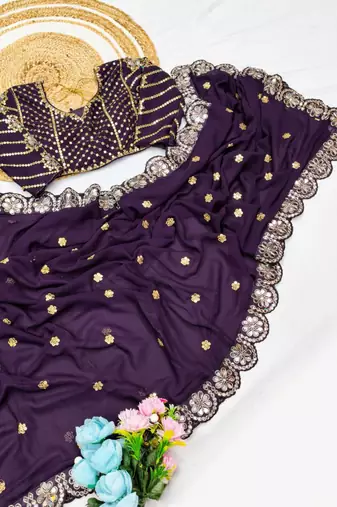 Wine Color Embroidery Front & Back With sleeves With Heavy Original Mirror Georgette Saree